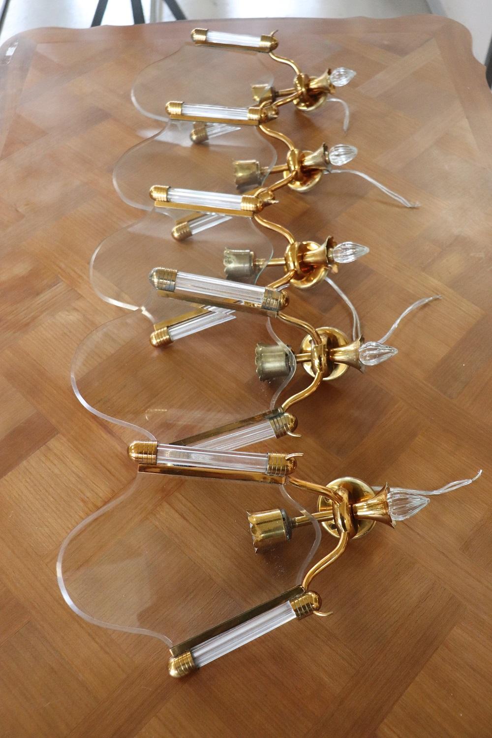 Gilt 20th Century Italian Brass and Glass Wall Light or Sconces Set of Five
