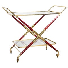 Vintage 20th Century Italian Brass And Wood Drinks Trolley In The Manner Of Cesare Lacca