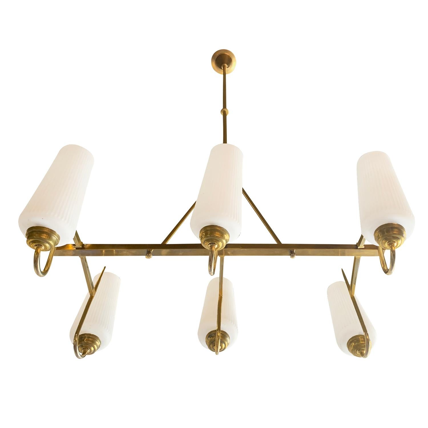Frosted 20th Century Italian Glass Chandelier, Ceiling Light in the Style of Stilnovo For Sale