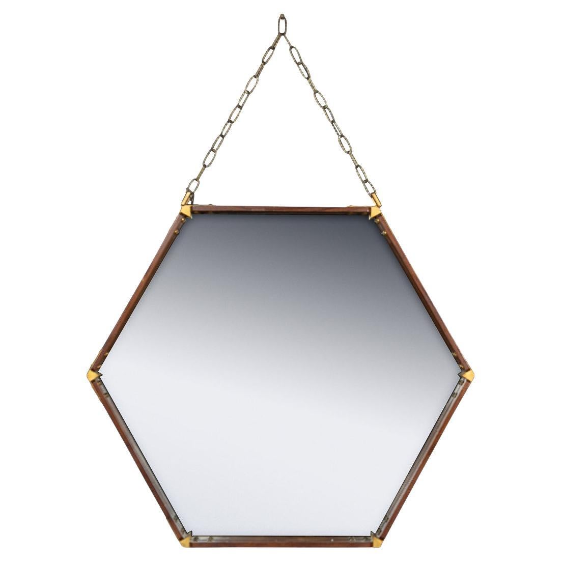 Miroir hexagonal italien du 20e siècle en laiton et Wood C.C.