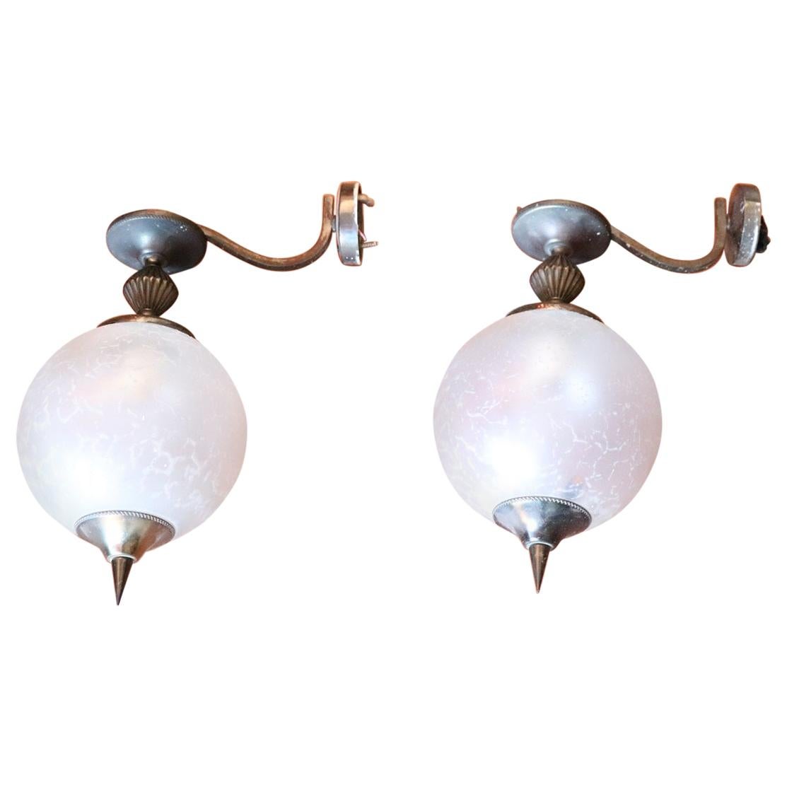 20th Century Italian Bronze and Artistic Glass Pair of Wall Light or Sconces