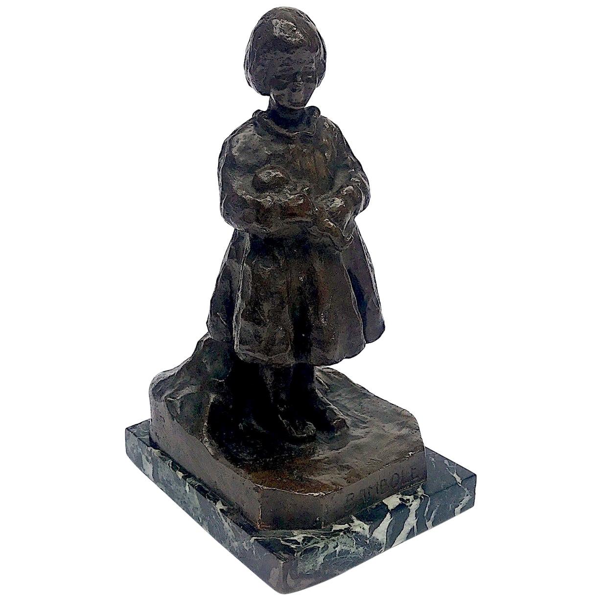 Calco Bambina con Bambola Scultura in Bronzo dell'Italiano Renzo Zacchetti 1938 Circa in vendita