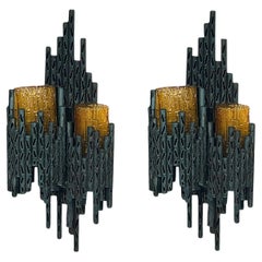 Vintage 20th Century Italian Brutalist Pair of Copper Wall Sconces by Marcello Fantoni