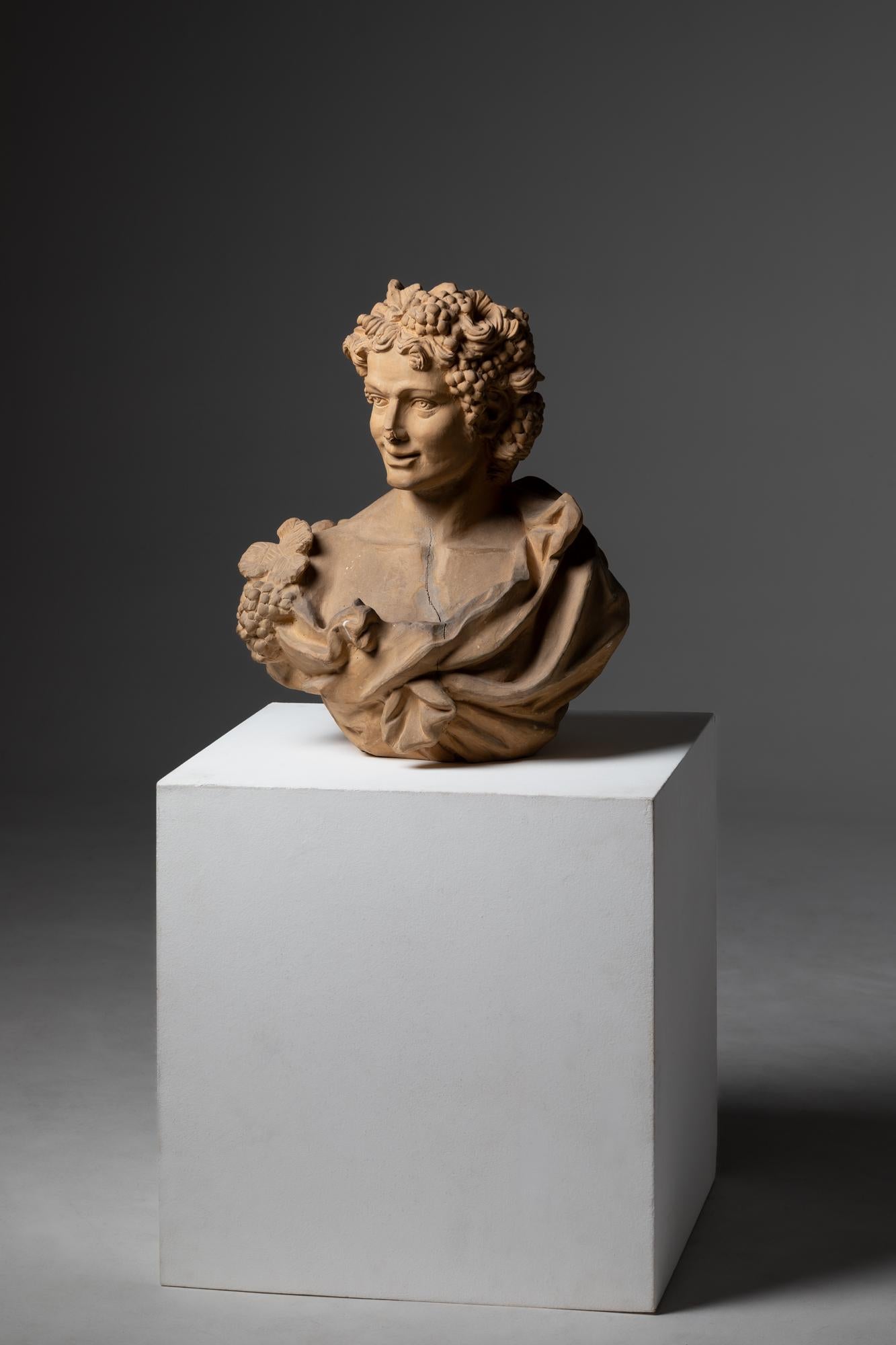 This 20th-century Italian terracotta bust of Bacchus, the Roman god of wine, revelry, and ecstasy, is a striking piece that reflects both classical artistry and the enduring influence of ancient mythology. Bacchus, known in Greek mythology as