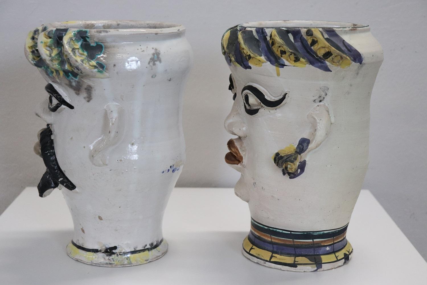 20th Century Italian Caltagirone Ceramic Vase, Set of 2, Man and Woman In Fair Condition In Casale Monferrato, IT