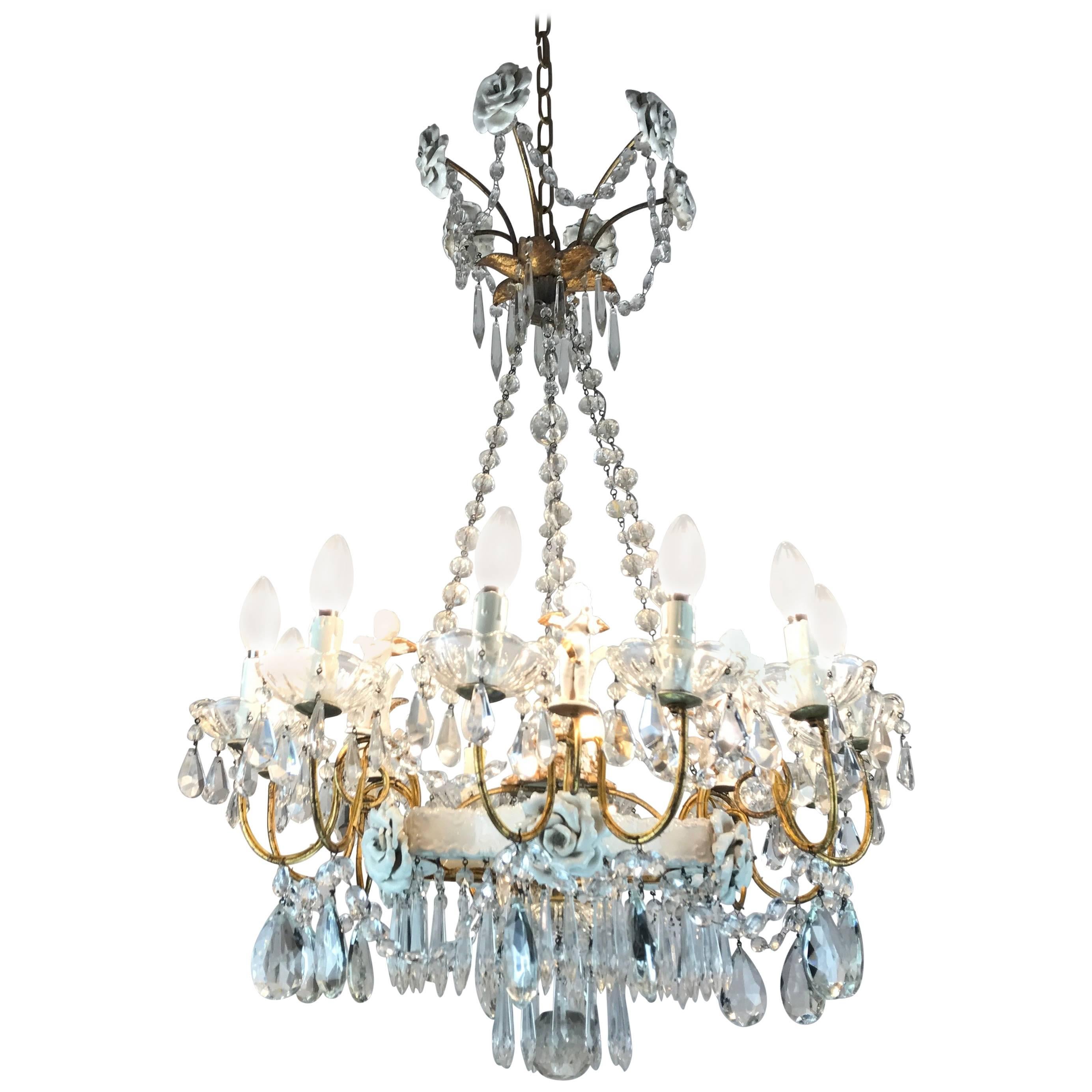 Faceted 20th Century Italian Capodimonte White Porcelain Chandelier with Putti