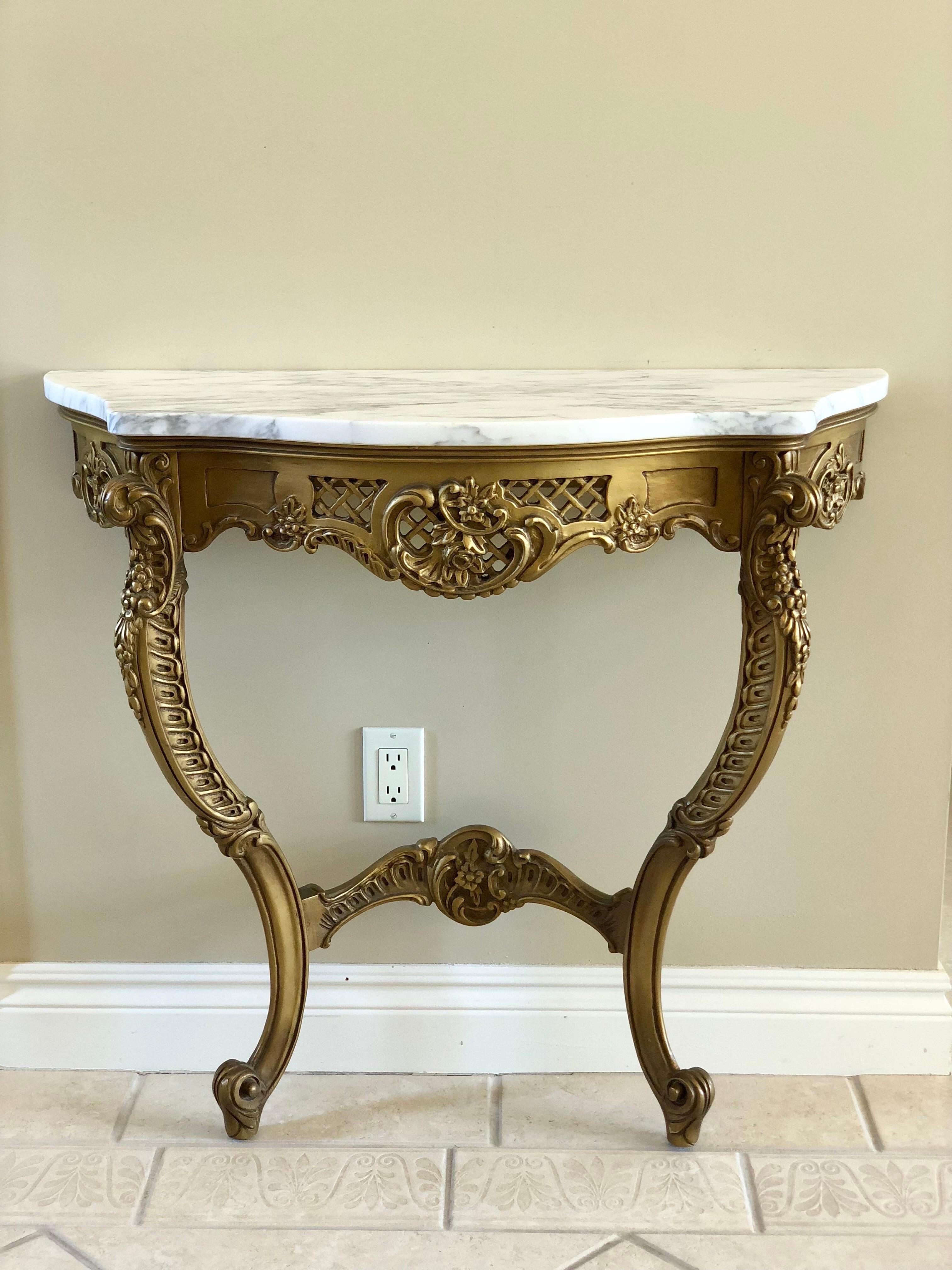 20th Century Italian Carrara Marble Gilded Rococo Demilune Wall Mount Console Ta In Good Condition In Farmington Hills, MI