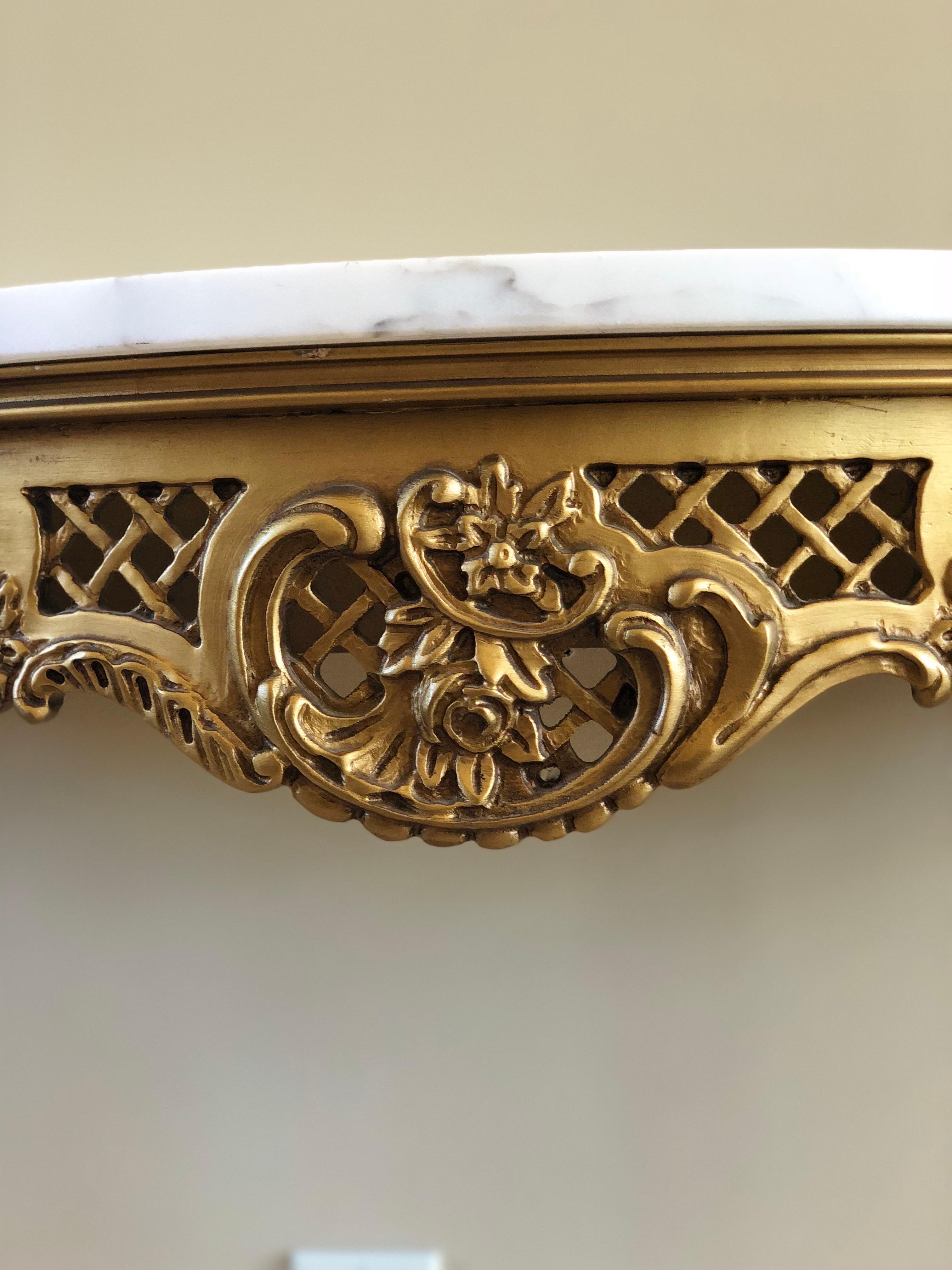 20th Century Italian Carrara Marble Gilded Rococo Demilune Wall Mount Console Ta 3