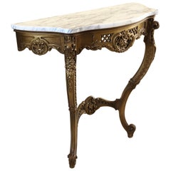 20th Century Italian Carrara Marble Gilded Rococo Demilune Wall Mount Console Ta