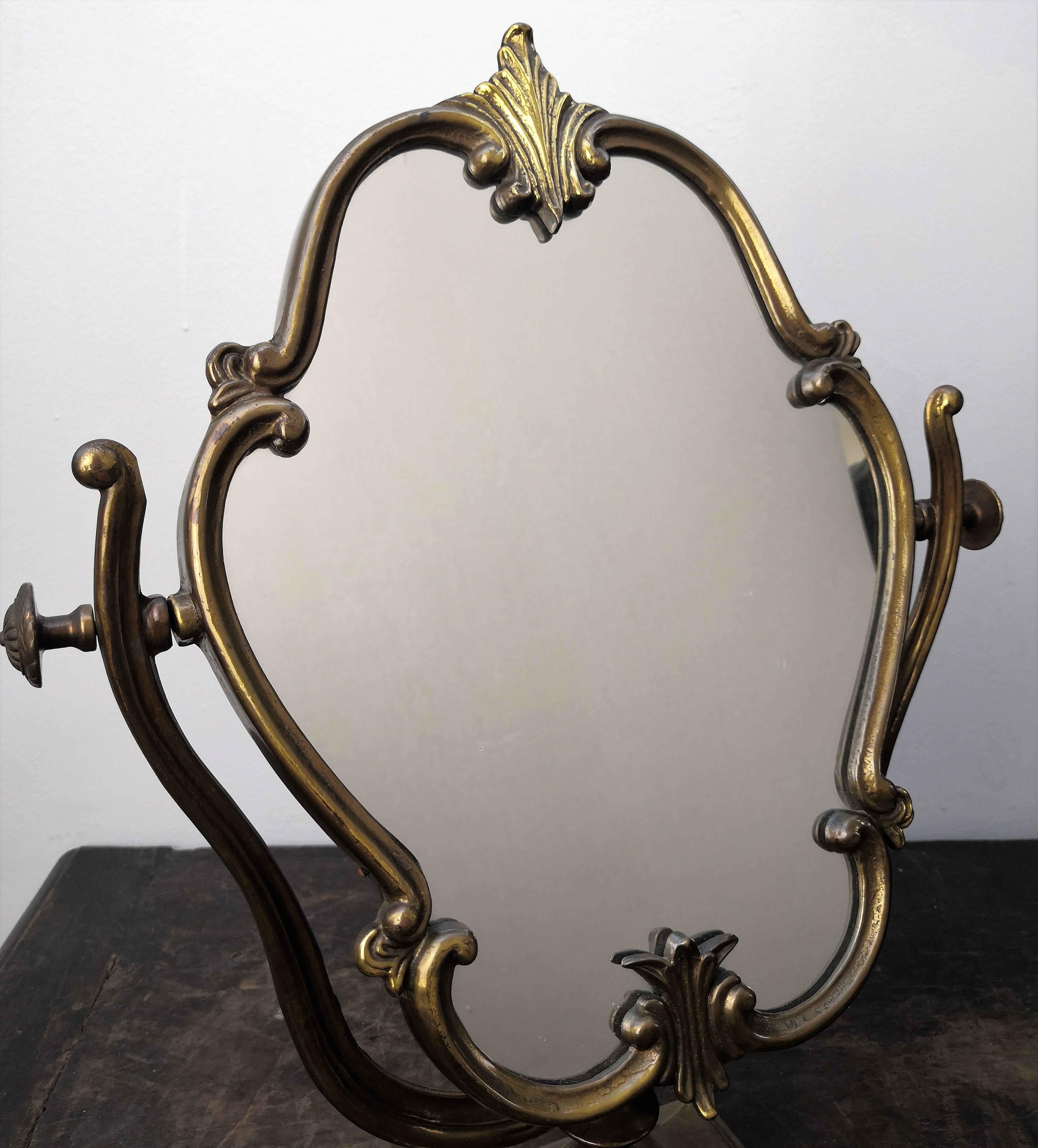 Hollywood Regency 20th Century Italian Carved Bronze Cheval Vanity Dressing Table Top Mirror