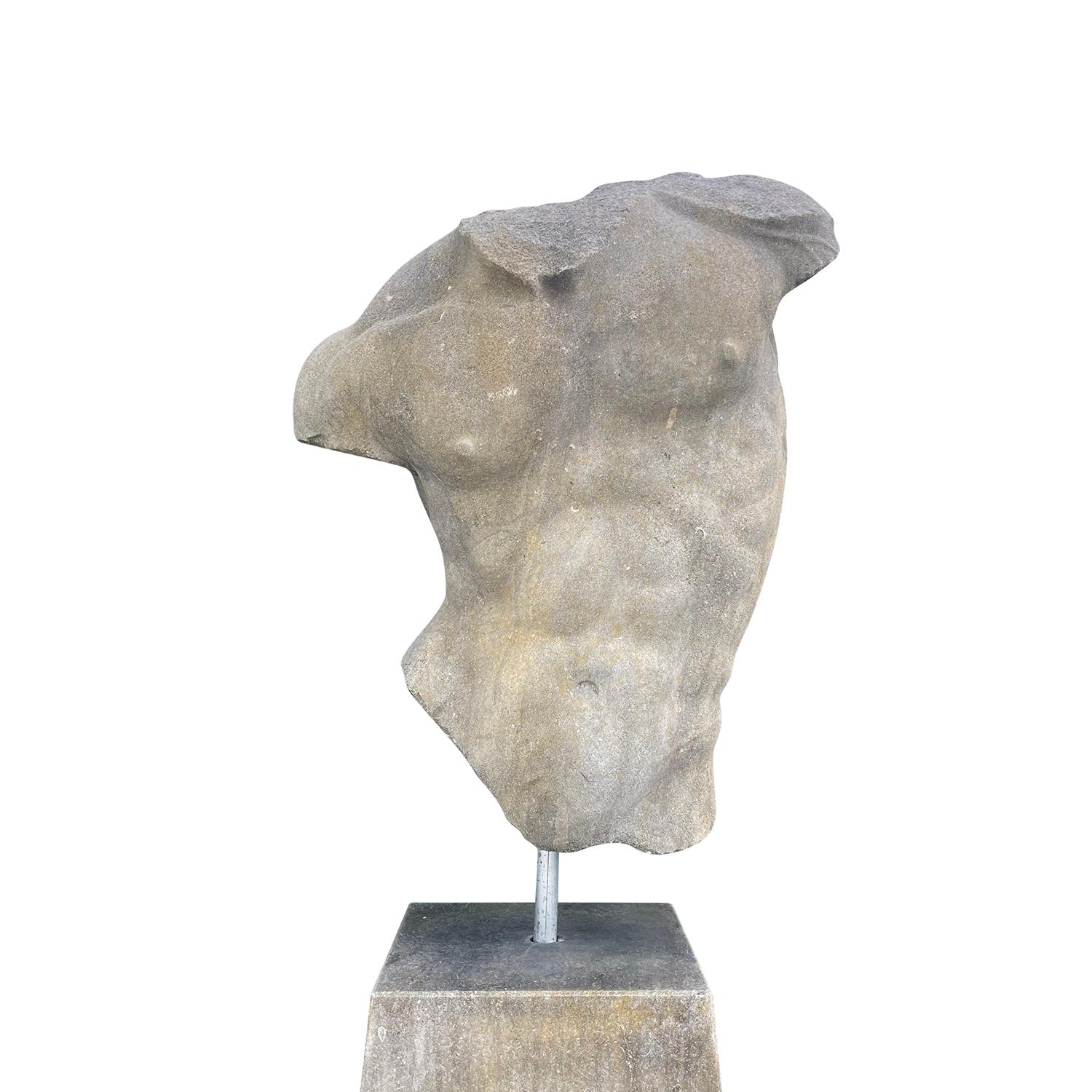 Hand-Carved 20th Century Italian Carved Limestone Male Torso - Large Vintage Sculpture For Sale