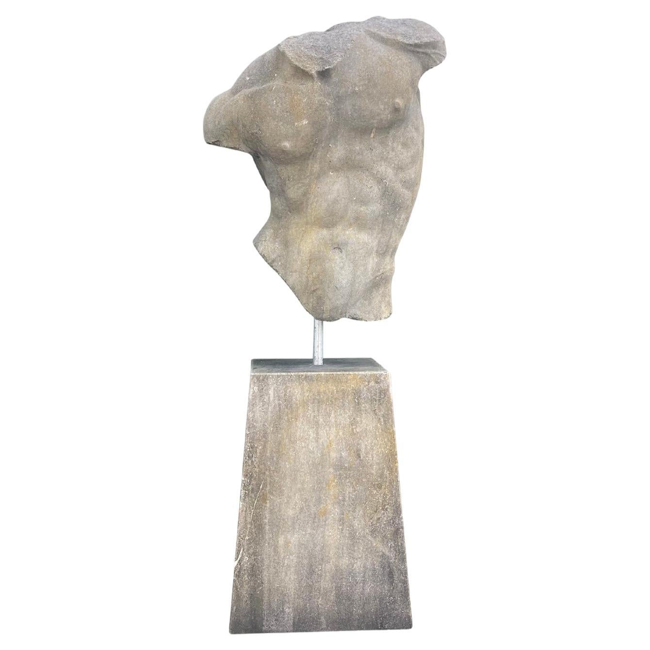 20th Century Italian Carved Limestone Male Torso - Large Vintage Sculpture For Sale