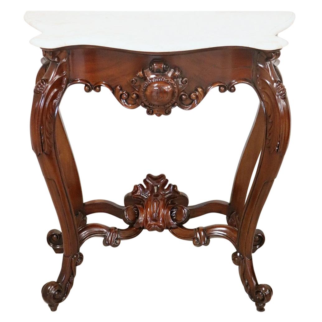 20th Century Italian Carved Walnut Louis Philippe Console Table with Marble Top
