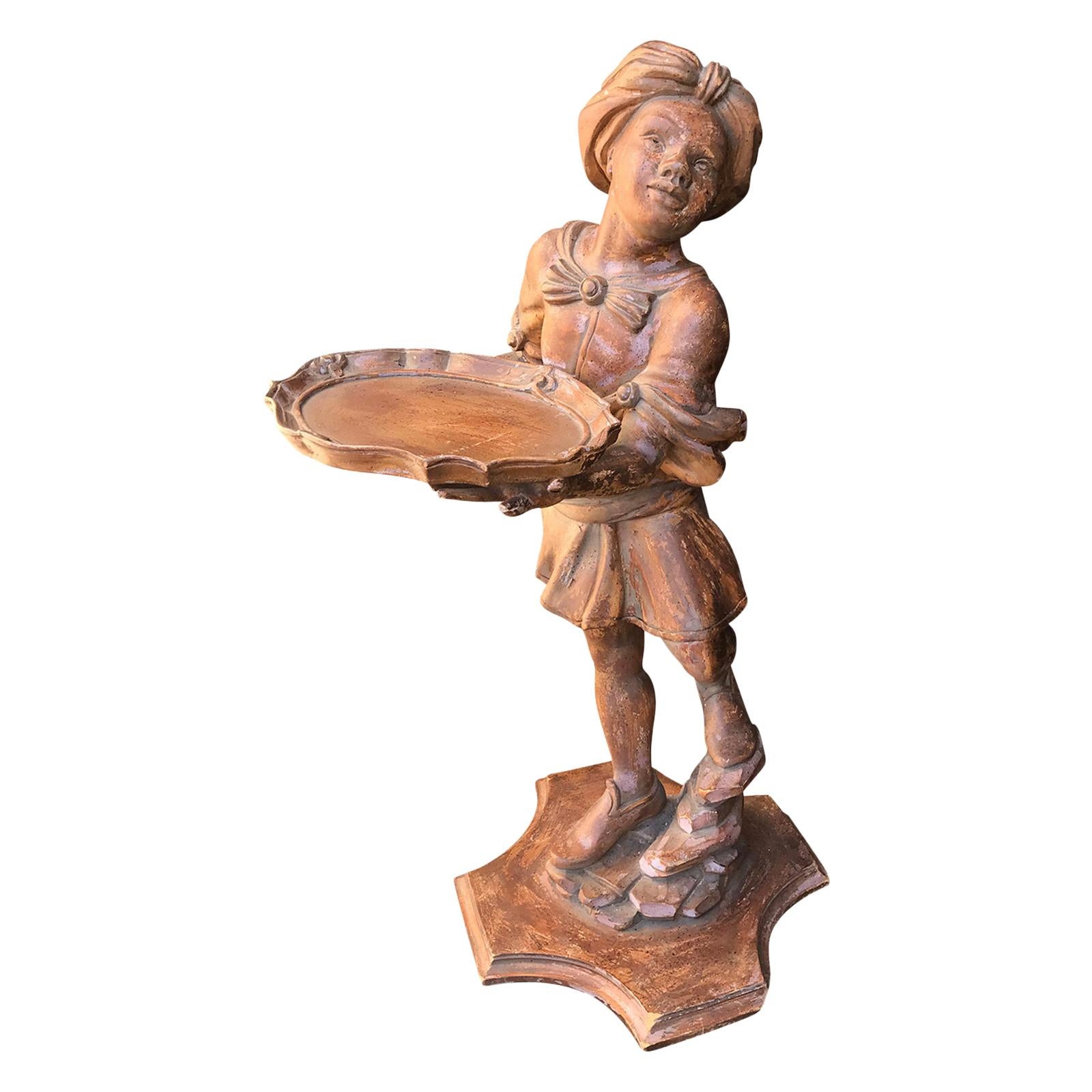 20th Century Italian Carved Wood Figure of Boy with Serving Tray For Sale