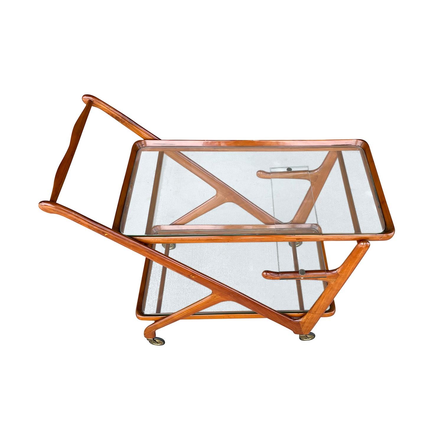 Hand-Carved 20th Century Italian Cassina Bar Cart, Serving Walnut Trolley by Cesare Lacca For Sale