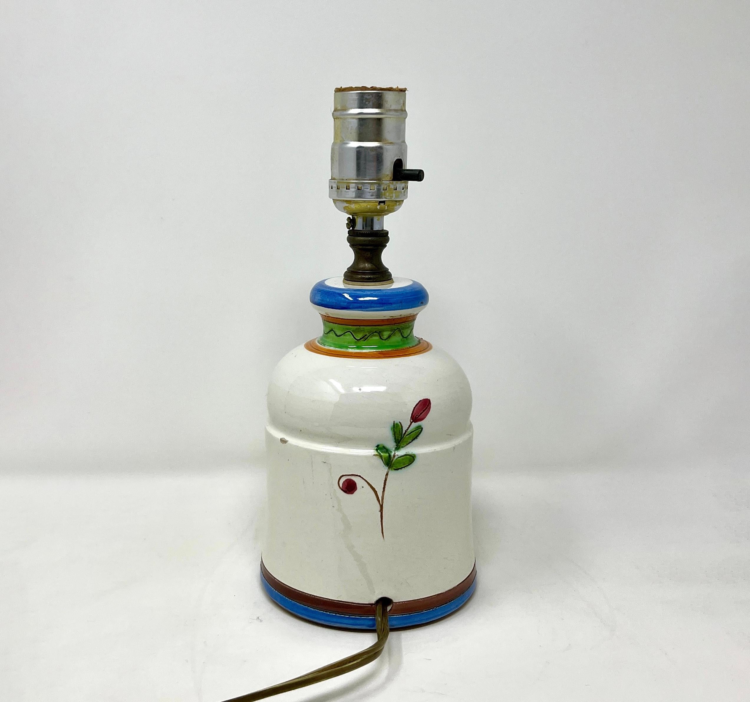Country 20th Century Italian Ceramic Hand-painted Petite Lamp, Sgraffitto Floral Design For Sale