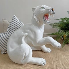 20th Century Italian Ceramic Prowling White Tiger Statue