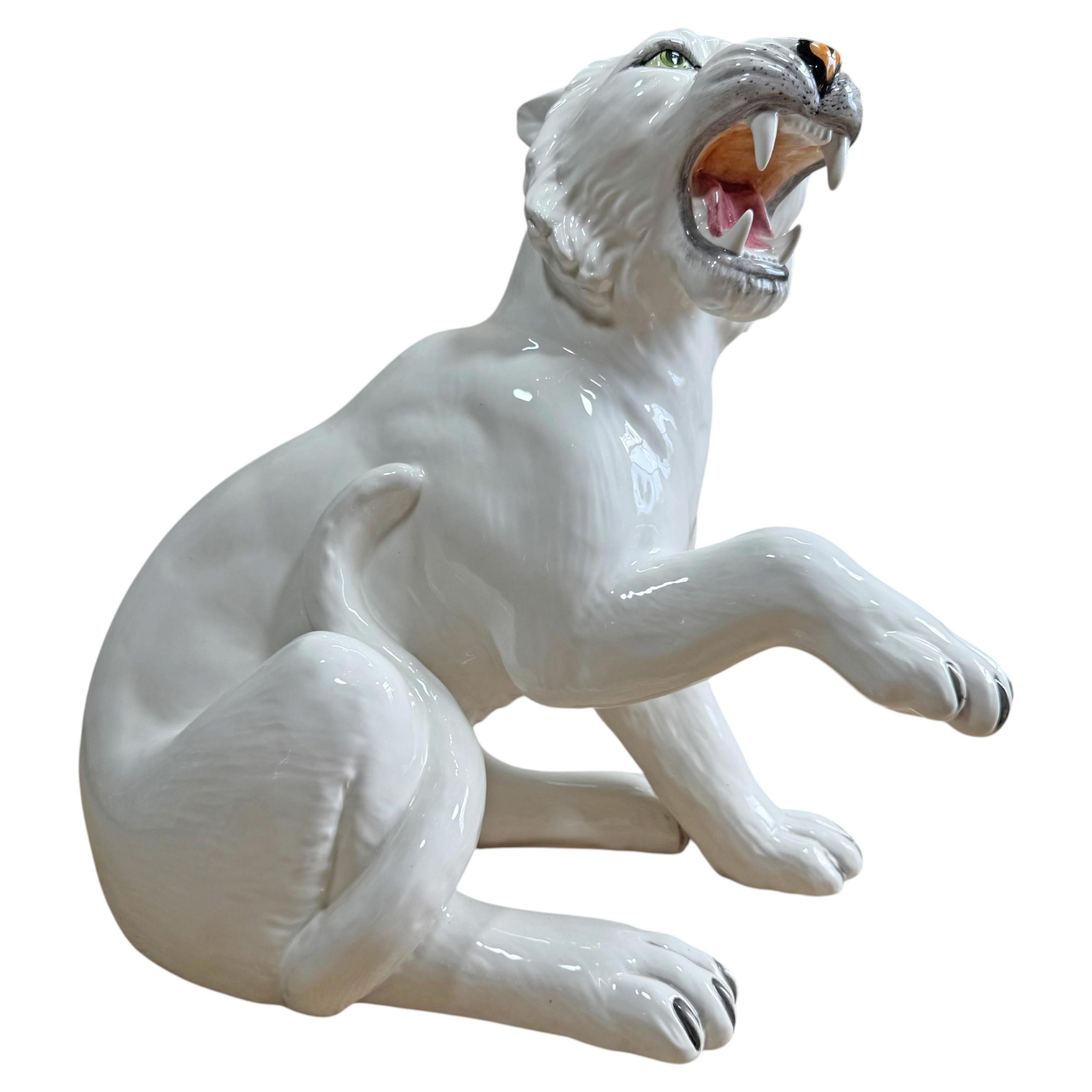 20th Century Italian Ceramic Prowling White Tiger Statue For Sale