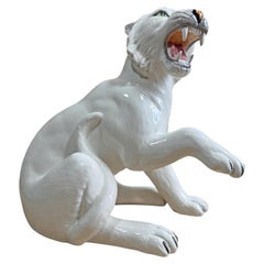 20th Century Italian Ceramic Prowling White Tiger Statue