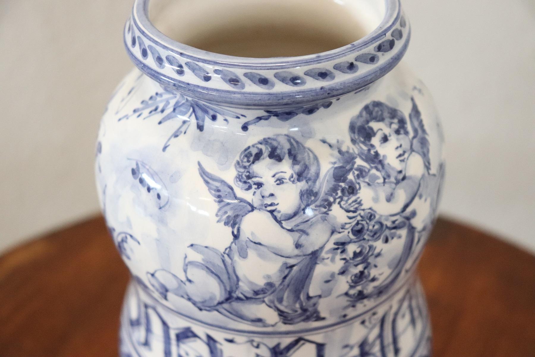 Beautiful vase in polychrome ceramic decorated by hand in shades of blue. Classical taste decoration with cherubs. This is a collectible ceramic.
Biographical Note
Lino Grosso (1915-1995), descendant of a family of Albisolese potters, worked from