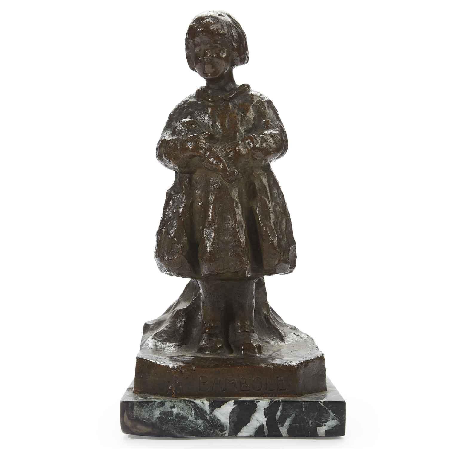 A bronze casting figurative sculpture, a child figure of a lovely little girl with a doll in her arms, entitled Bambole, meaning Dolls, standing on a rectangular green marble basement and dating back to the Italian Fascism period, circa 1938.
This