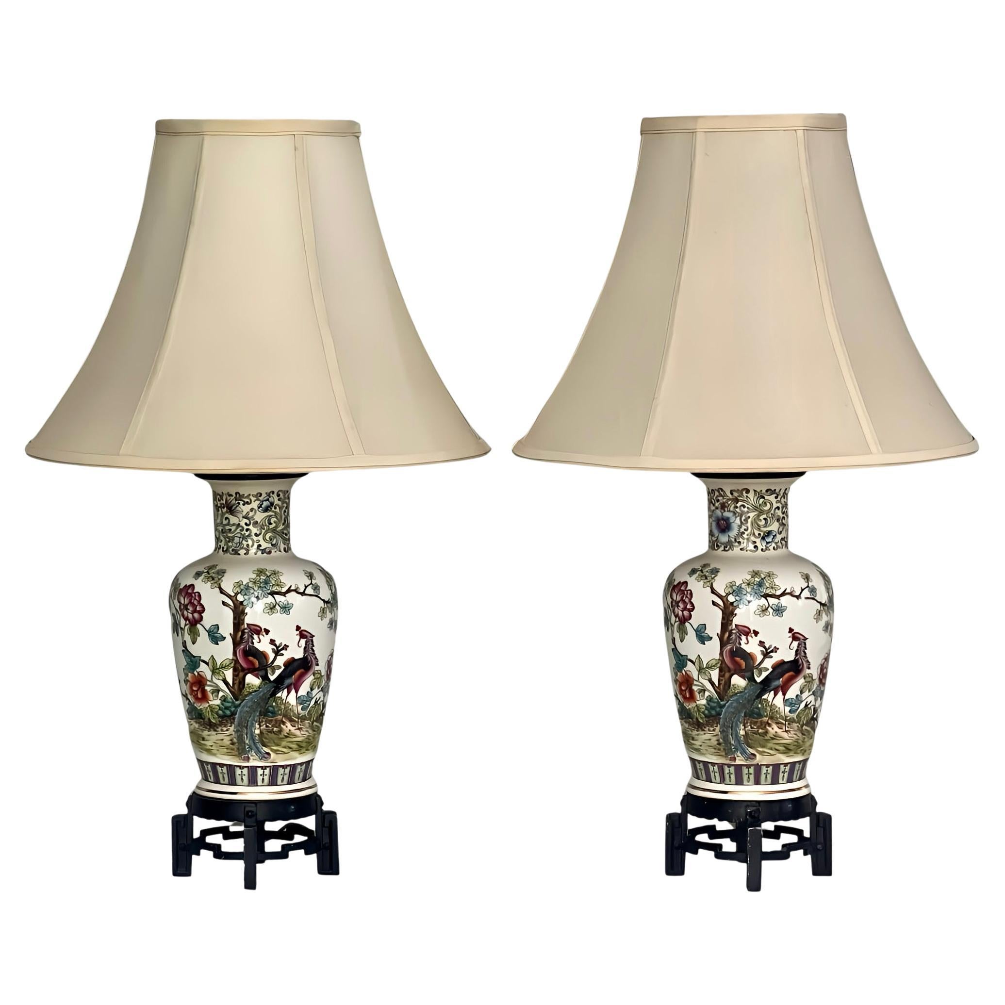 20th Century Italian Chinoiserie White Porcelain Table Lamps with Peacock Birds For Sale