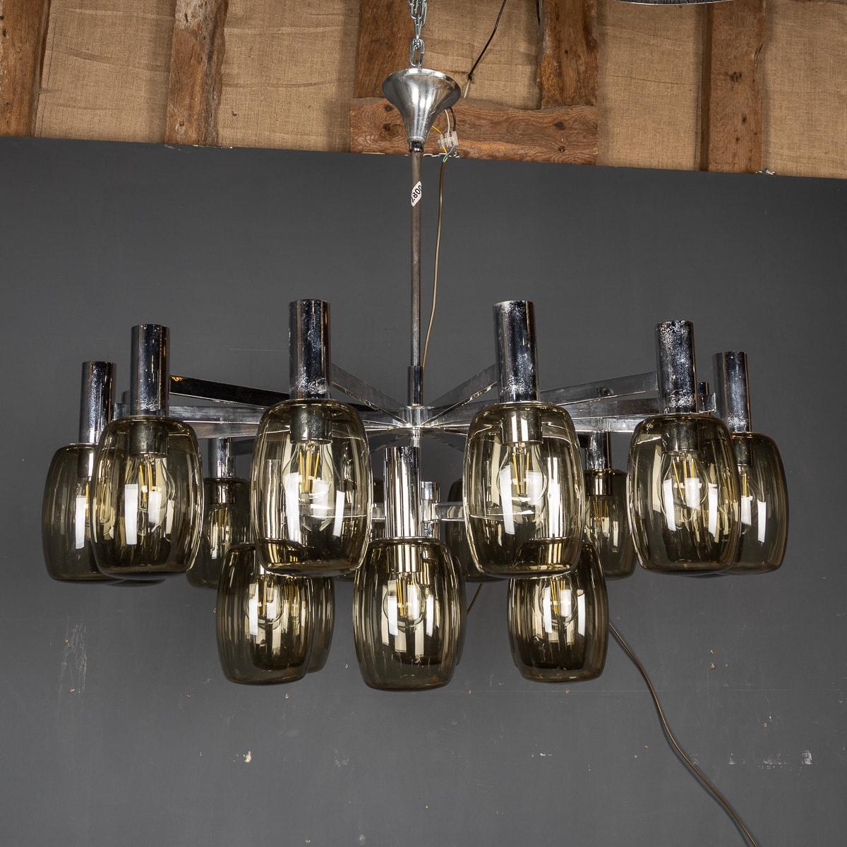 20th Century Italian Chrome & Smoked Glass Eighteen Light Chandelier c.1970 In Good Condition For Sale In Royal Tunbridge Wells, Kent