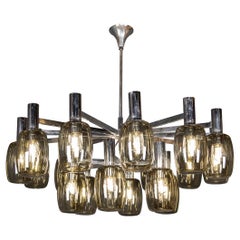 Vintage 20th Century Italian Chrome & Smoked Glass Eighteen Light Chandelier c.1970