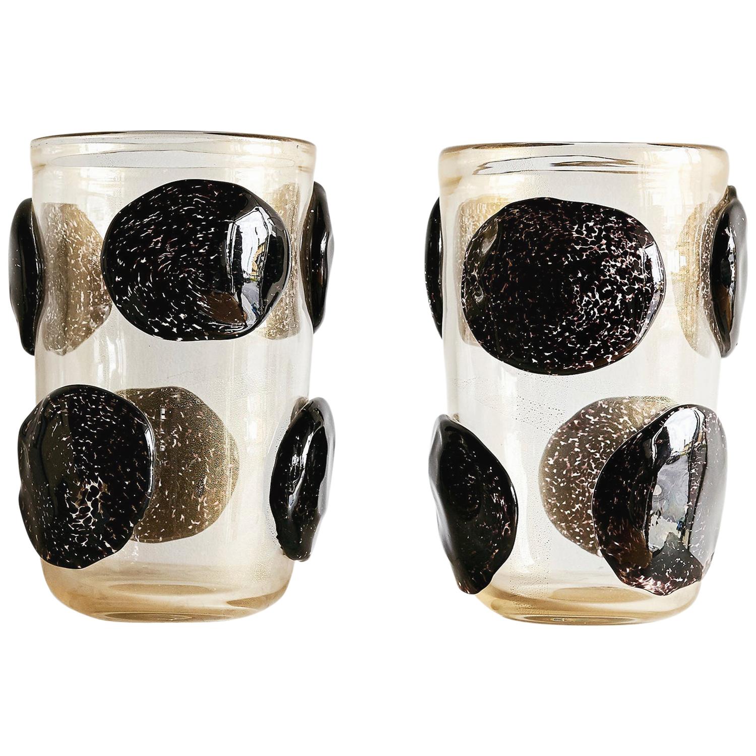 20th Century Italian Clear and Black Murano Glass Vases