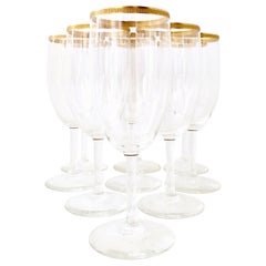 20th Century Italian Crystal and 22-Karat Gold Rim Stem Glasses, Set of 9