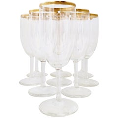 Vintage 20th Century Italian Crystal and 22-Karat Gold Rim Stem Glasses, Set of 9