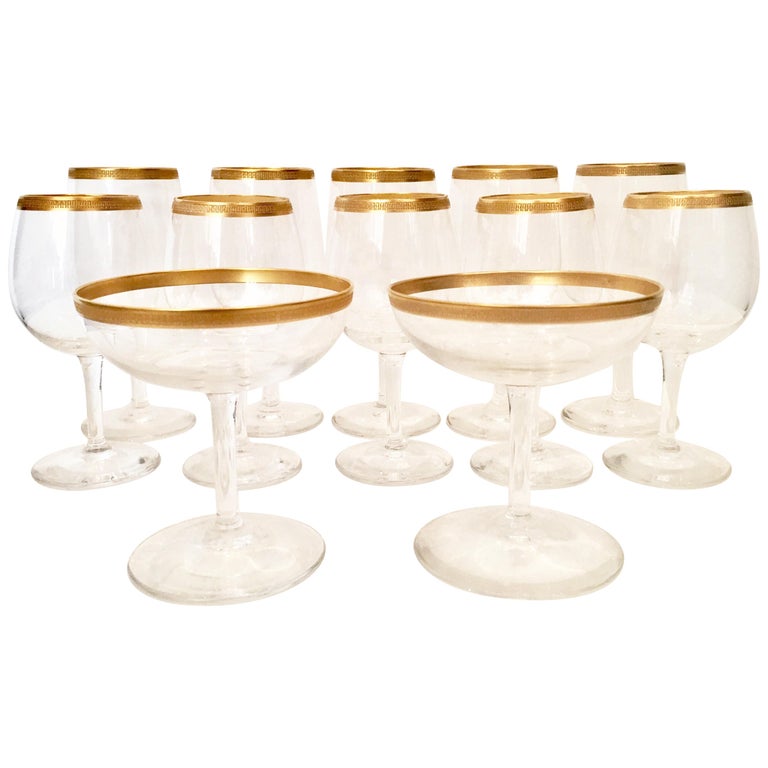 20th Century Italian Crystal and 22Karat Gold Rim Stem Glasses, S/12