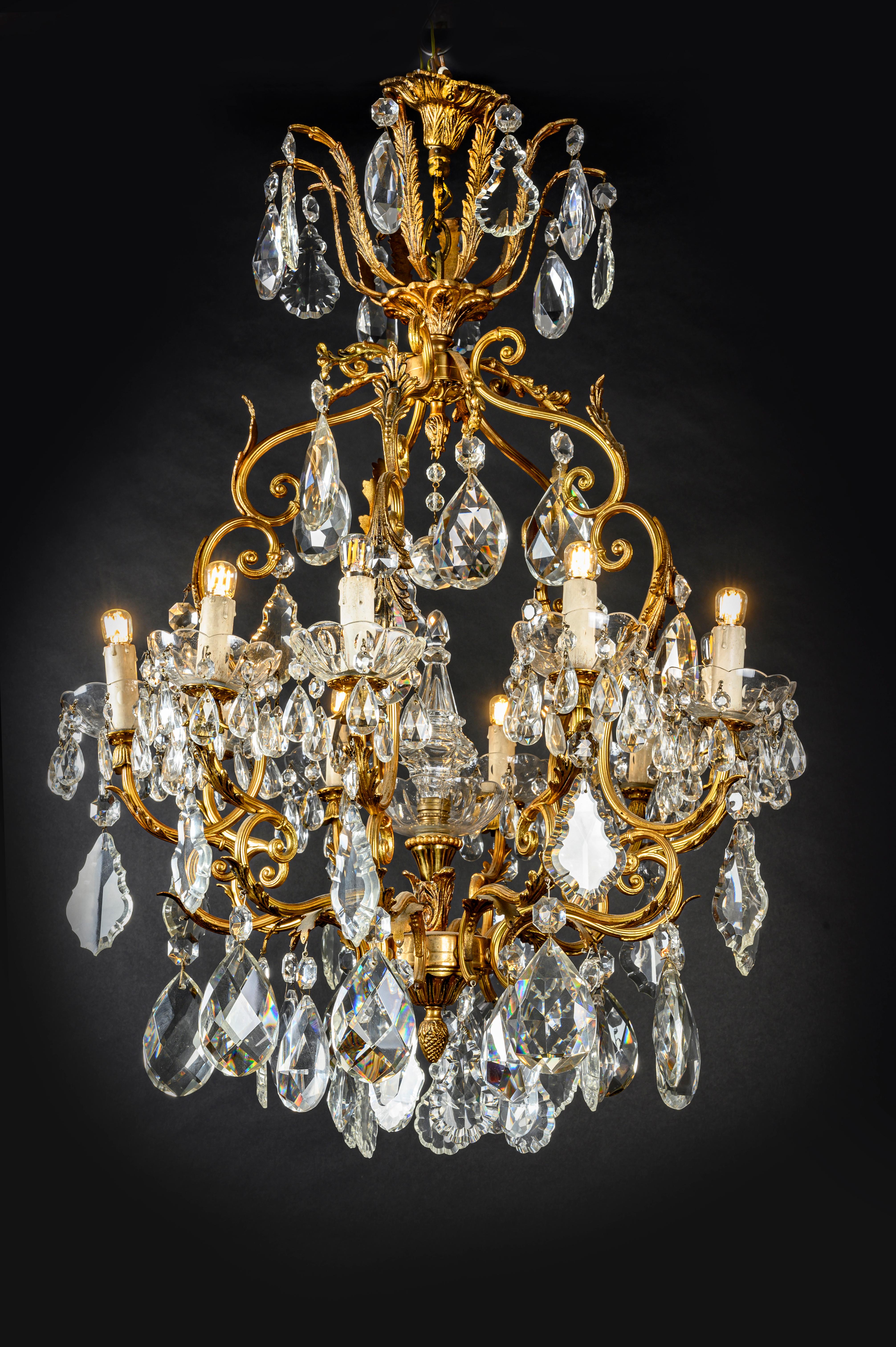 20th Century Italian Crystal Chandelier Ten-Light Gilt Bronze Cage Frame 1