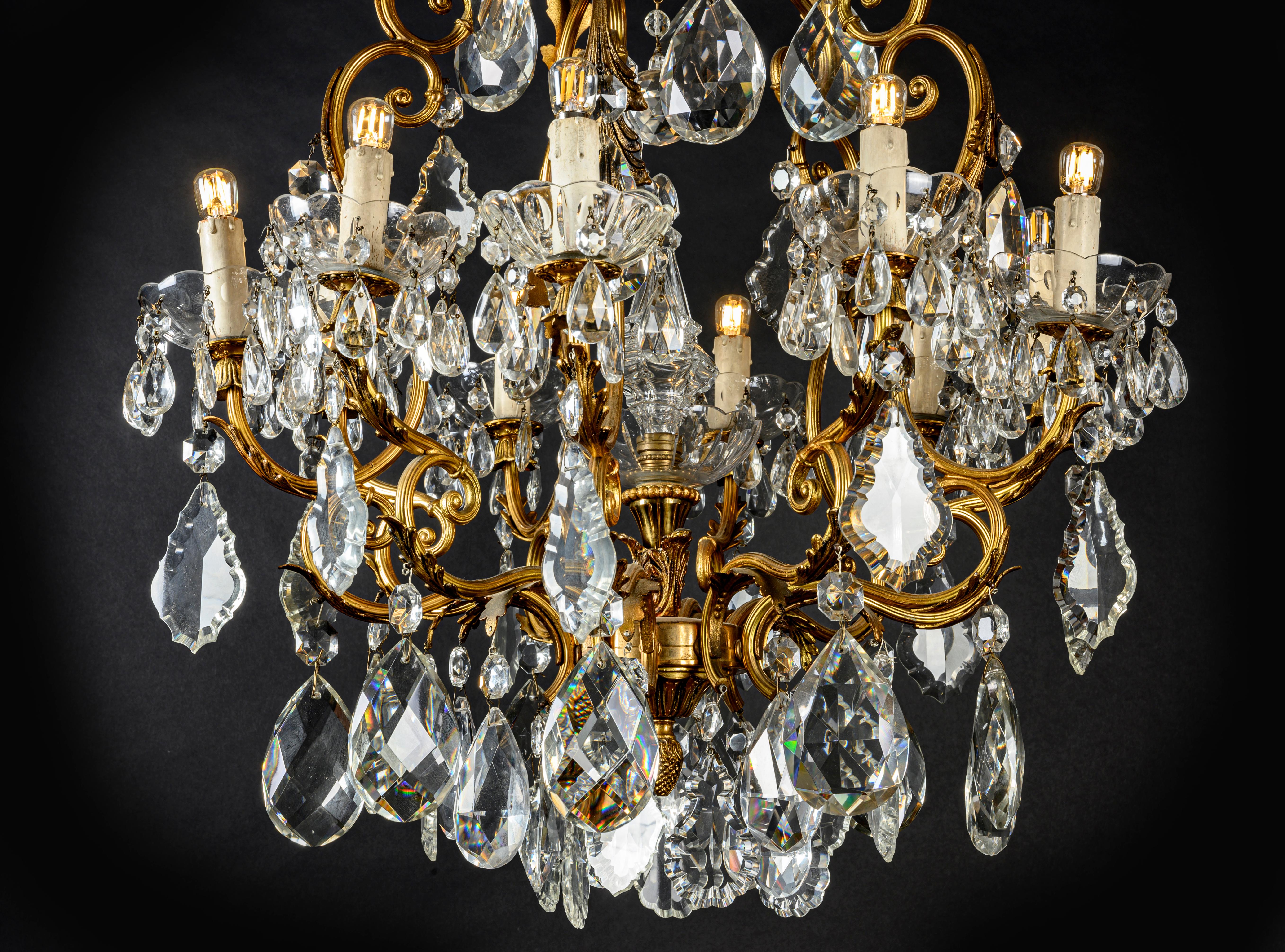 20th Century Italian Crystal Chandelier Ten-Light Gilt Bronze Cage Frame 2