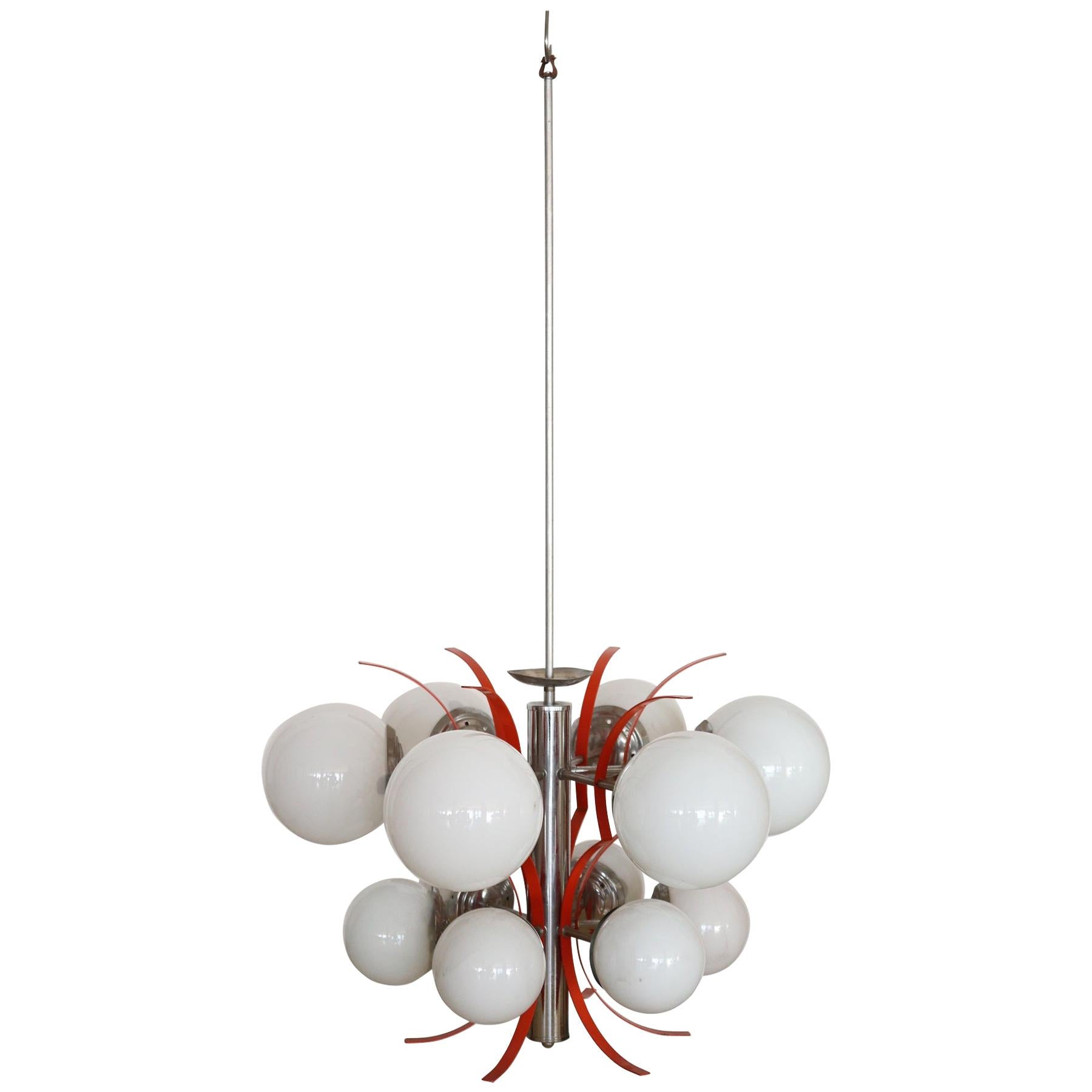 20th Century Italian Design Chandelier in Glass and Chrome Metal Chandelier