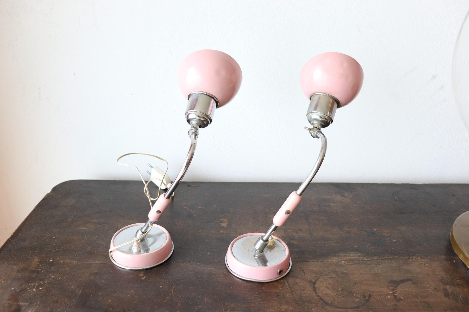 Metal 20th Century Italian Design Chrome and Pink Color Pair of Table Lamp, 1960s