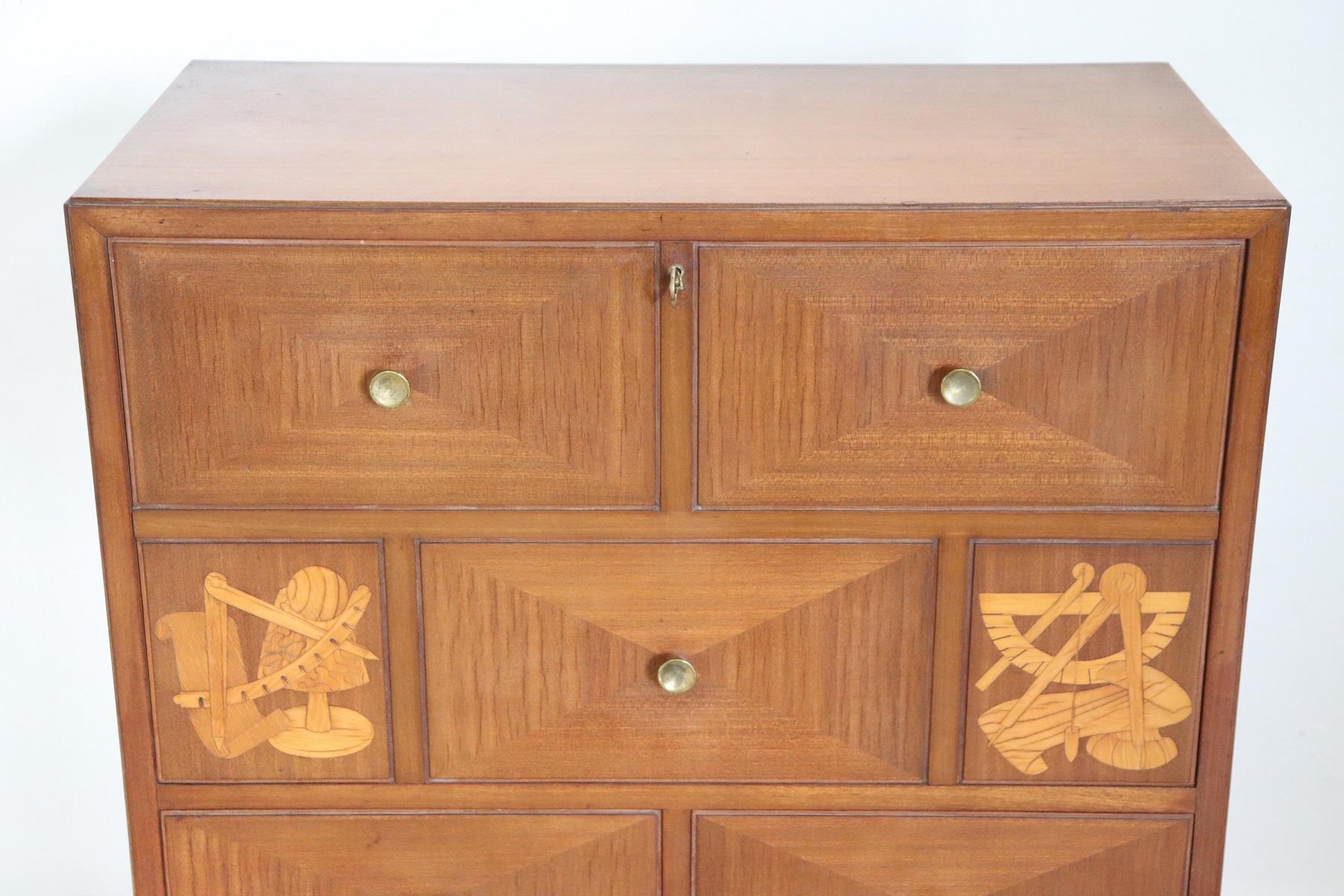 20th Century Italian Design Inlaid Mahogany Chest of Drawers with Secretaire In Good Condition In Casale Monferrato, IT