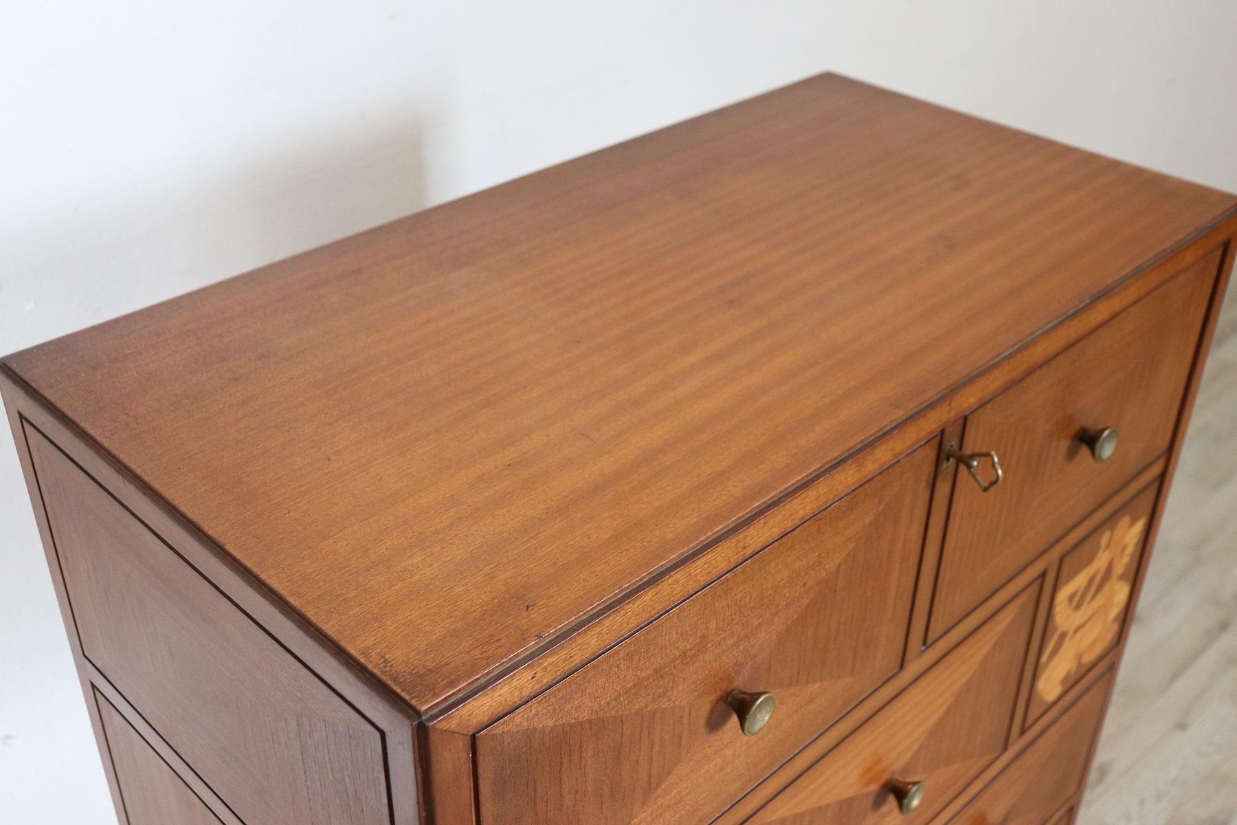 20th Century Italian Design Inlaid Mahogany Chest of Drawers with Secretaire 1