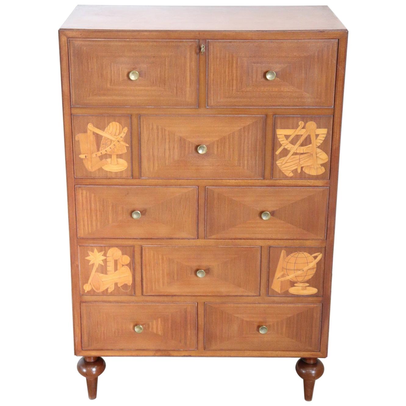 20th Century Italian Design Inlaid Mahogany Chest of Drawers with Secretaire