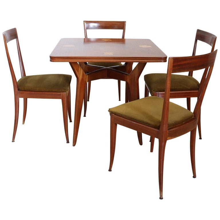 20th Century Italian Design Inlaid Mahogany Dining Table with Four Chairs For Sale