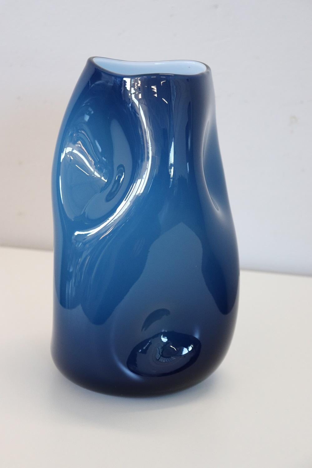 20th Century Italian Design Murano Artistic Glass Blue Vase 3