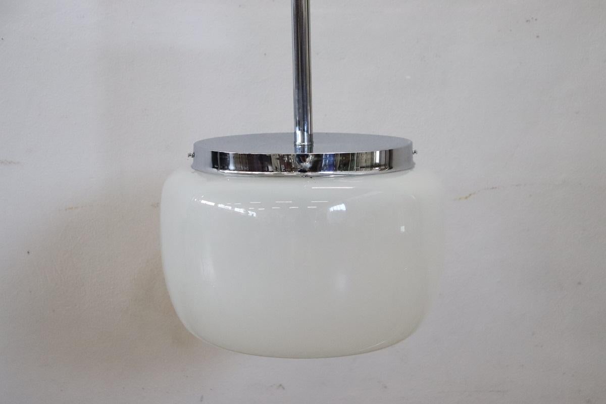 20th Century Italian Design Opal Glass and Chrome Pendant Light, 1960s In Good Condition For Sale In Casale Monferrato, IT