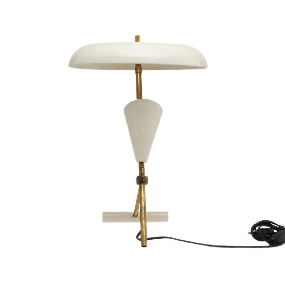 Mid-Century Modern 20th Century White Italian Brass Table Lamp, Desk Light in the Style of Stilnovo