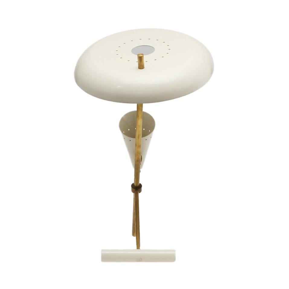 Hand-Crafted 20th Century White Italian Brass Table Lamp, Desk Light in the Style of Stilnovo