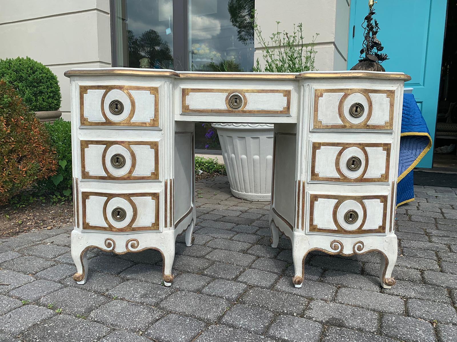 20th century italian dressing table/desk, painted white & gold
six drawers, three on each side.