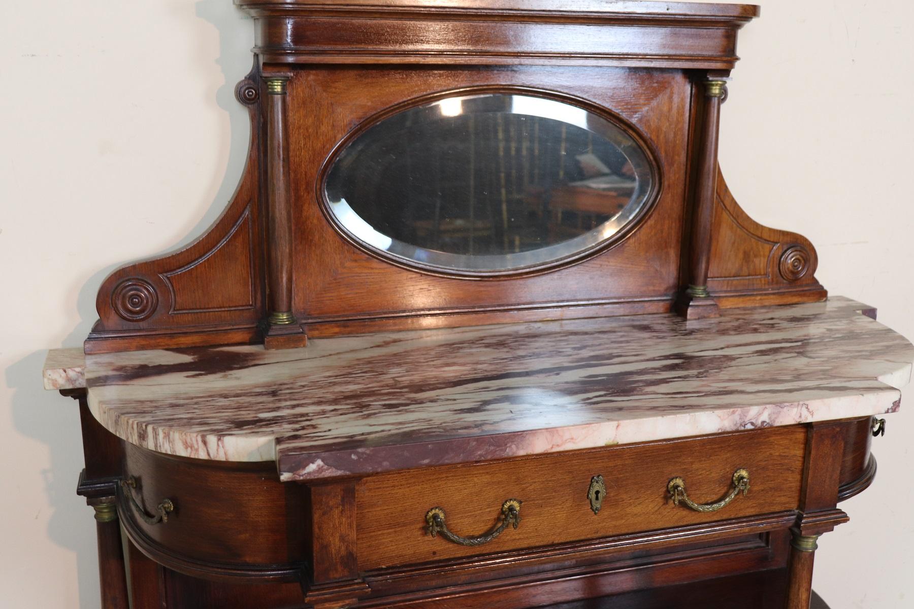 20th Century Italian Empire Style Oak Console Table with Columns and Marble Top 4