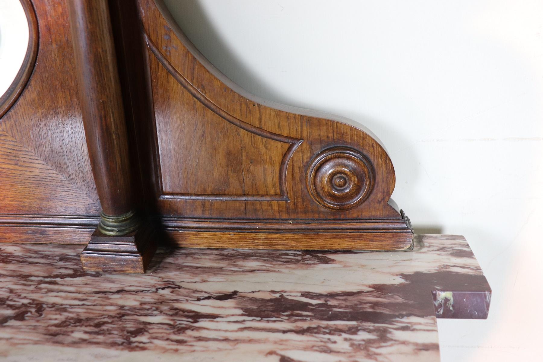 Carved 20th Century Italian Empire Style Oak Console Table with Columns and Marble Top