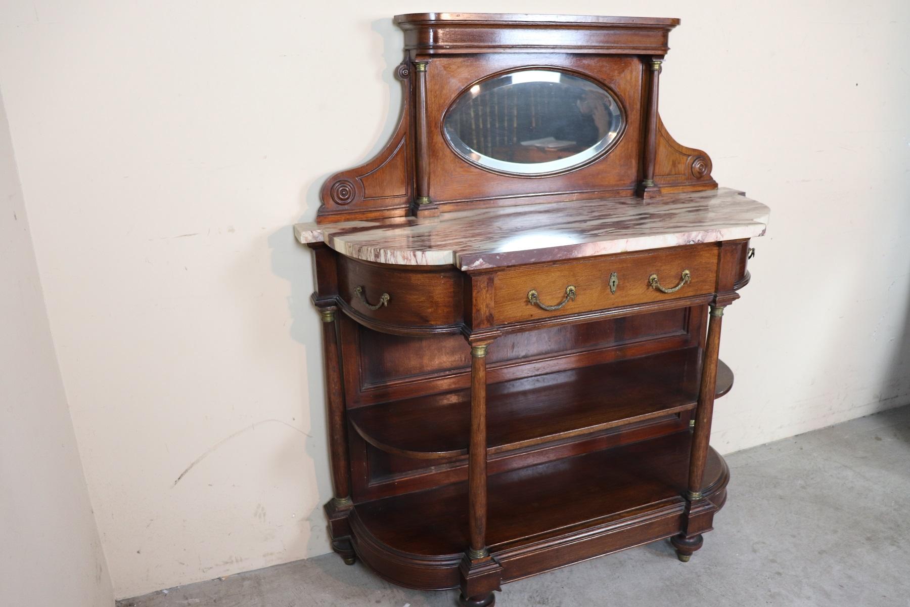 Mid-19th Century 20th Century Italian Empire Style Oak Console Table with Columns and Marble Top