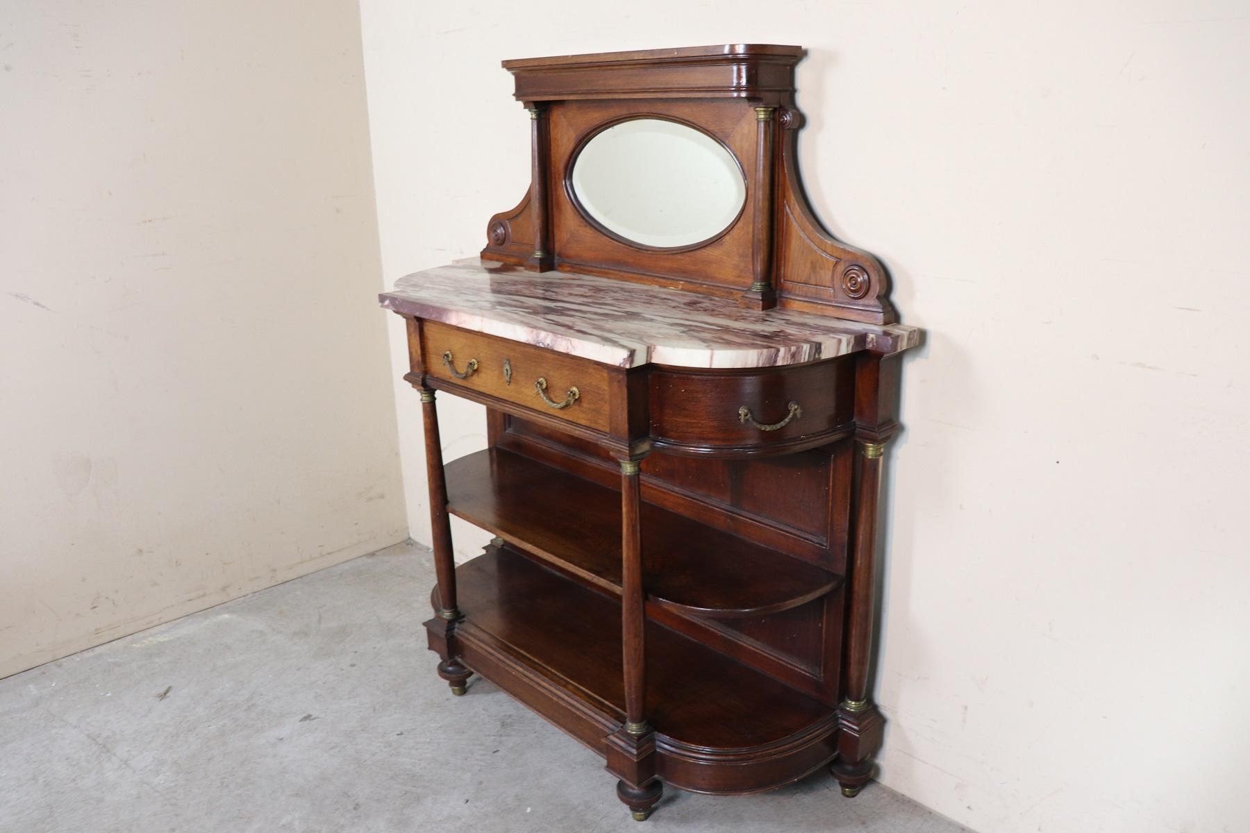 Rosewood 20th Century Italian Empire Style Oak Console Table with Columns and Marble Top