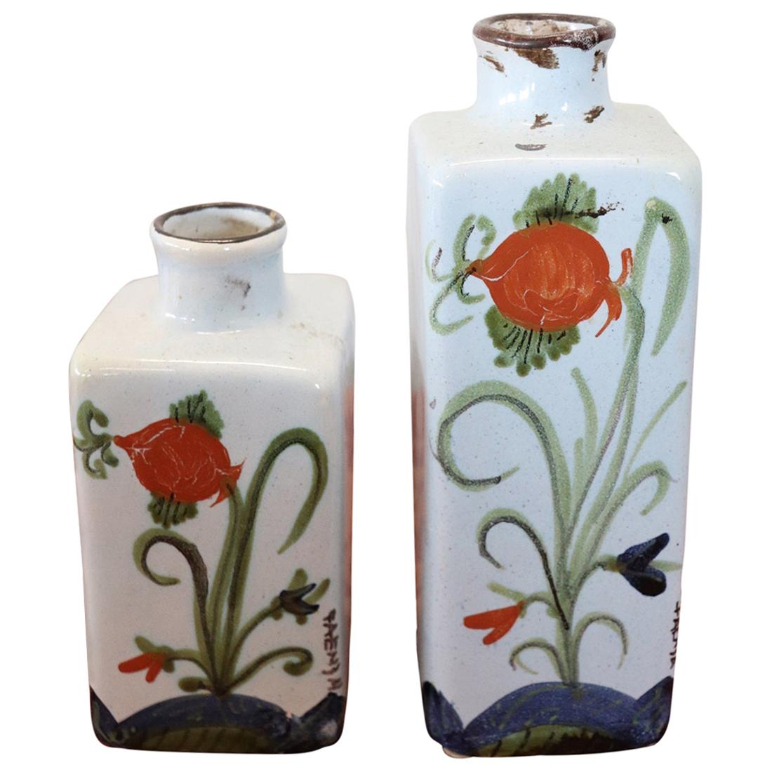 20th Century Italian Faenza Hand Painted Ceramic Vases or Bottles, Set of 2